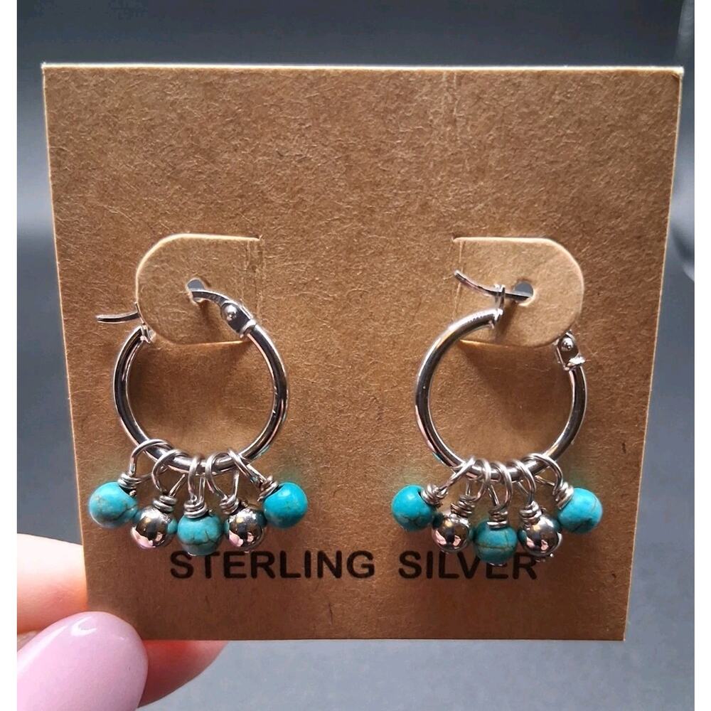 Sterling Silver Beads & Howlite Hoop Earrings, 925 SS, Southwest Design
